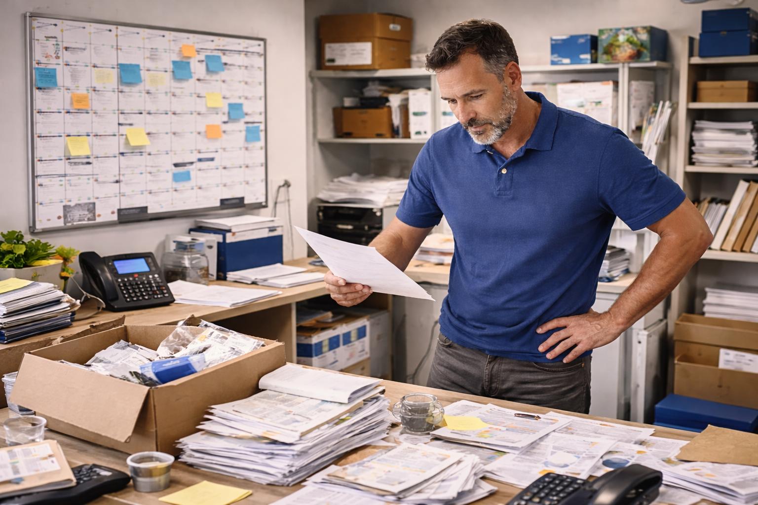 Business operator overwhelmed by direct mail campaign management tasks